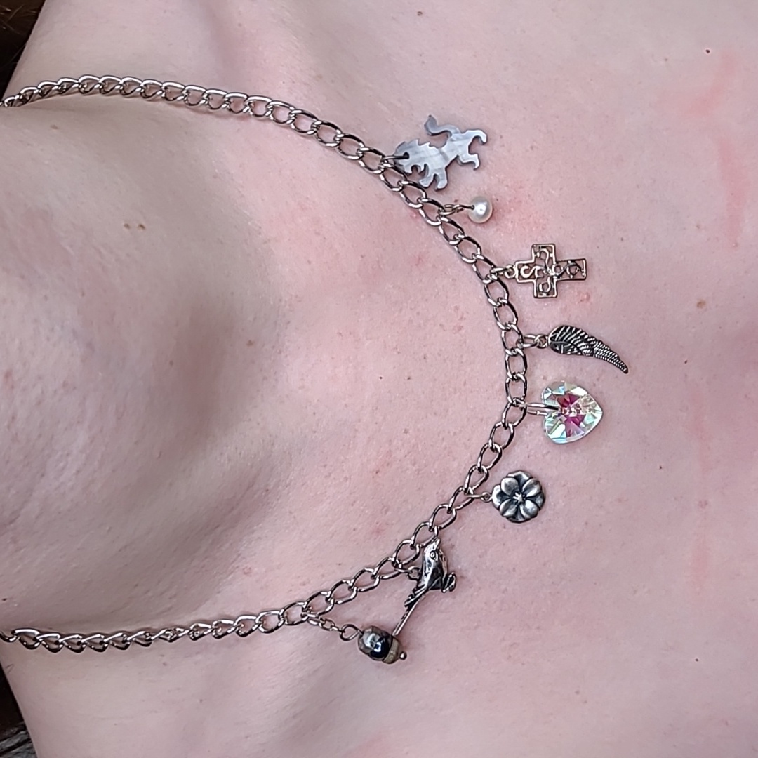 Charm Necklace Silver Tone Heart Pearl Cross Bird Angel Wing Flower Lion Fashion